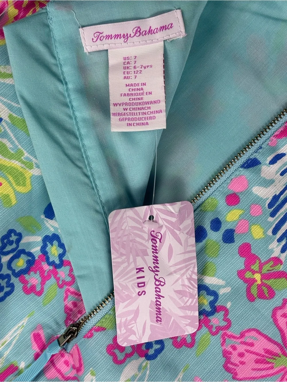 Tommy Bahama Girls' Blue Floral Shift Dress with Pink Accents